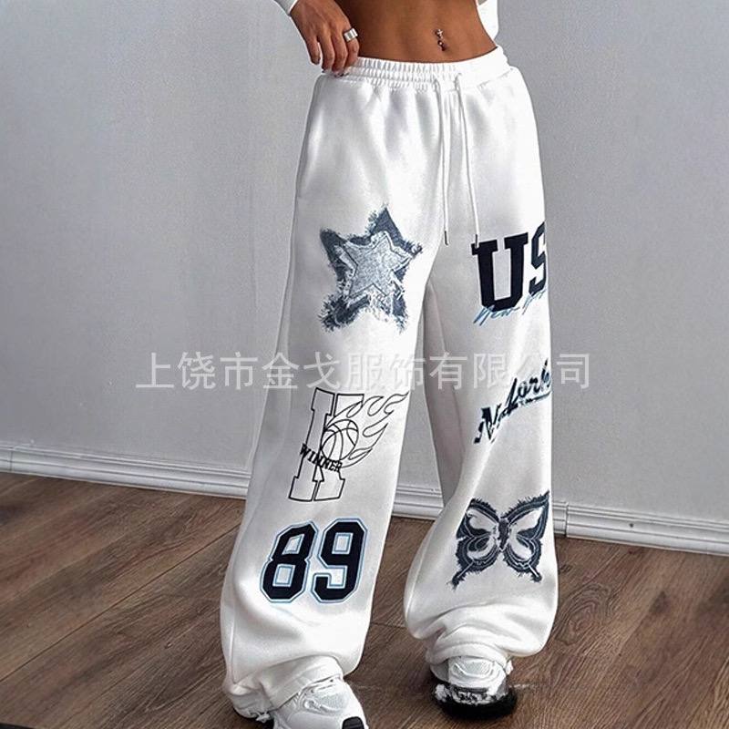 Женские прямые спортивные брюки 2025 года — свободный крой, модный принт, шнурок на талии. — изображение 2