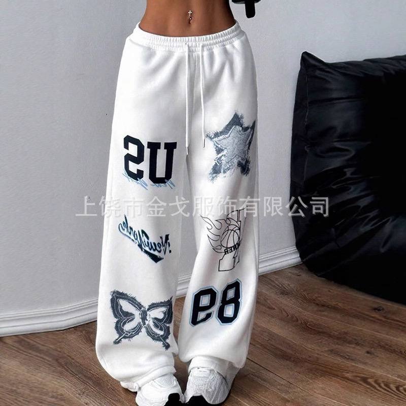 Женские прямые спортивные брюки 2025 года — свободный крой, модный принт, шнурок на талии. — изображение 3