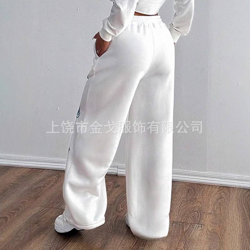 Женские прямые спортивные брюки 2025 года — свободный крой, модный принт, шнурок на талии. — изображение 4