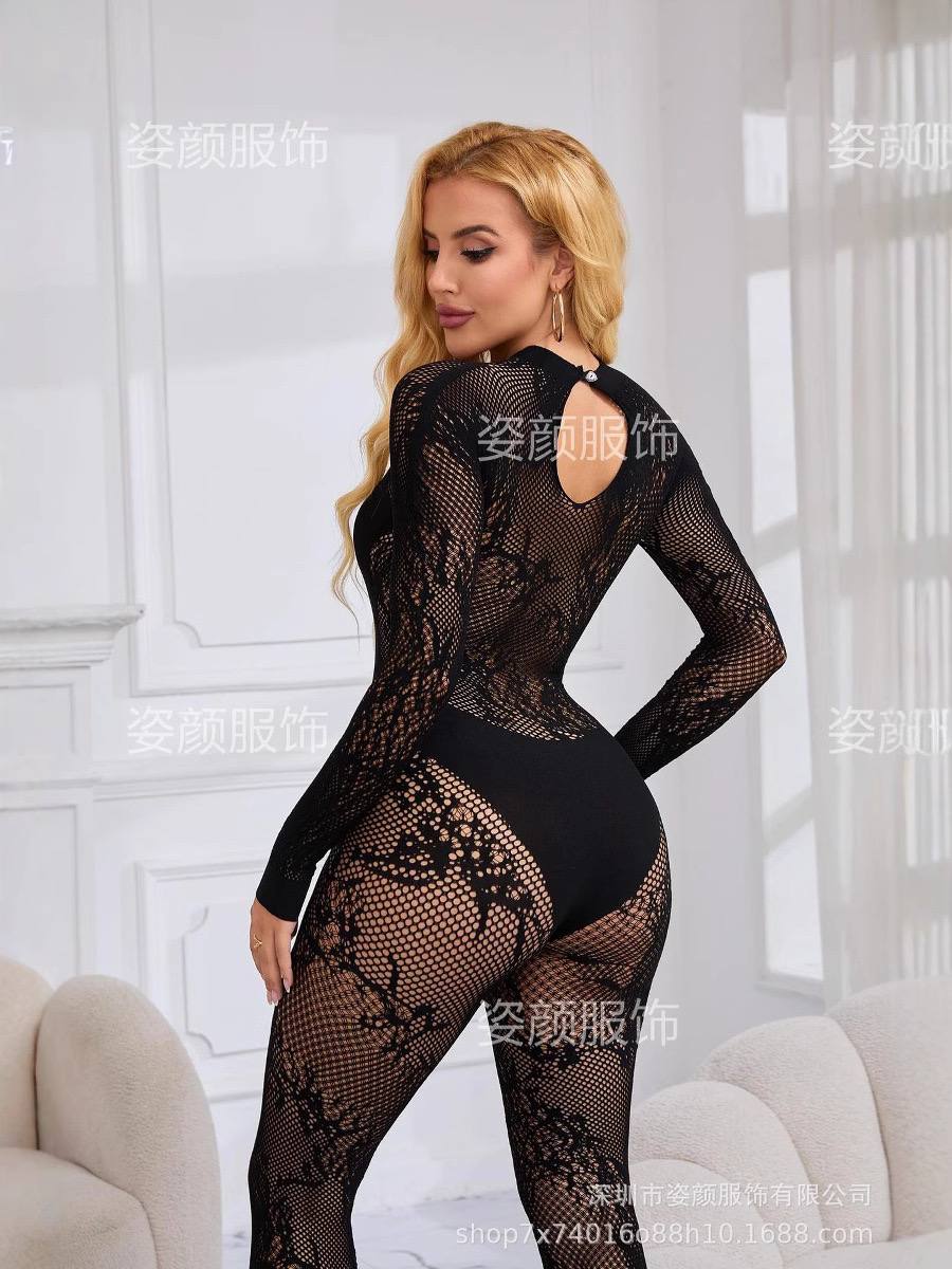 Сексуальный облегающий комбинезон с принтом, прозрачными вставками и открытой спиной. — изображение 4